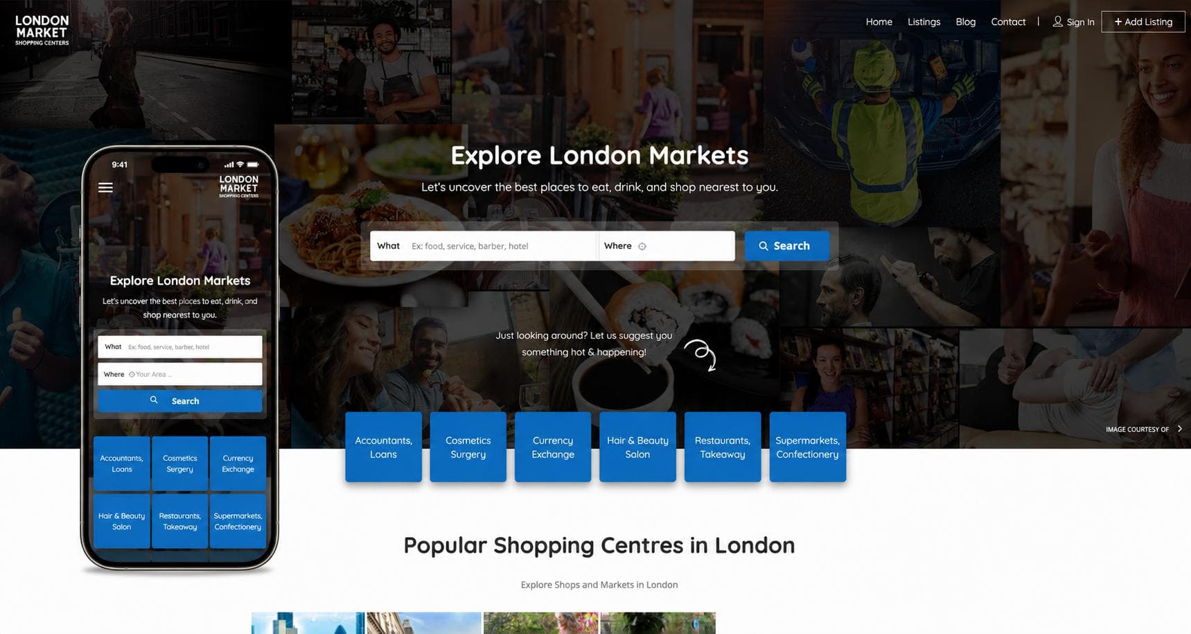 Головна сторінка каталогу London Market із пошуком закладів